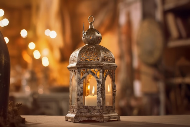 A candle in a silver lantern with the word candle on it