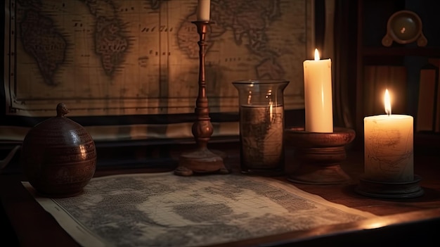 A candle sits on a table in front of a map