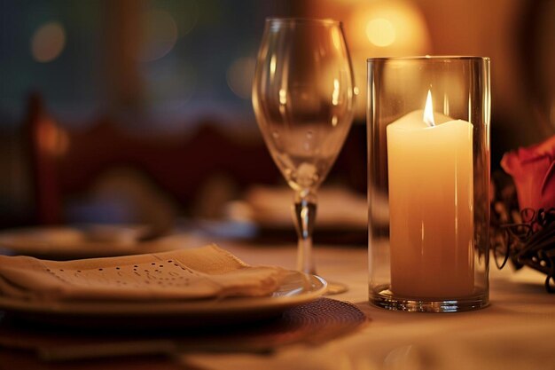 a candle sitting on top of a table next to a glass of wine