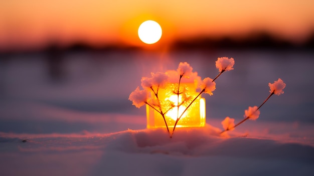 Candle in the snow at sunset Beautiful winter landscape with a candle