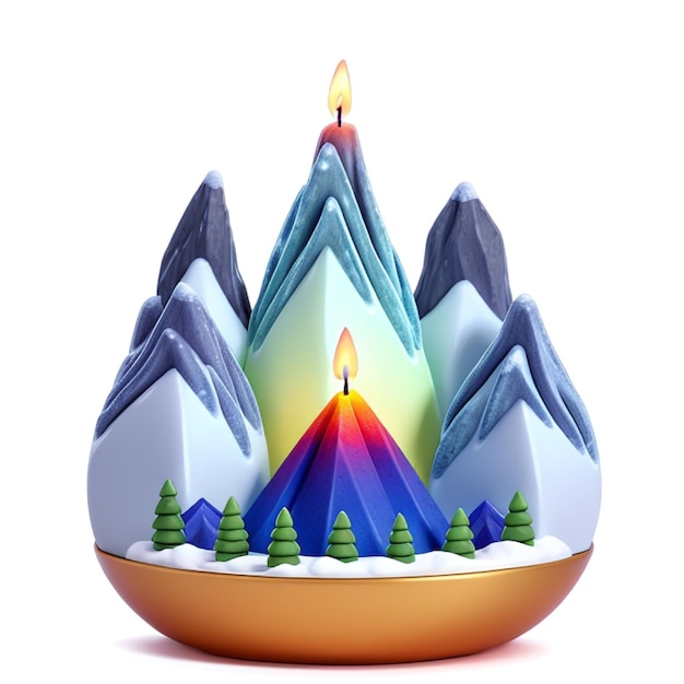 Candle on snowy mountain with trees