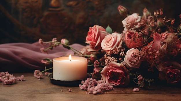 a candle and some flowers on a table