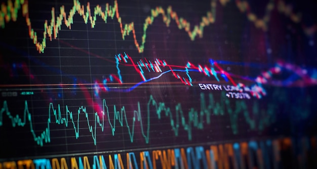 Candle stick graph-grafiek van de handel in beursinvesteringen de forex-grafiekgrafiek op het digitale scherm staafdiagrammen diagrammen financiële cijfers forex-grafiek