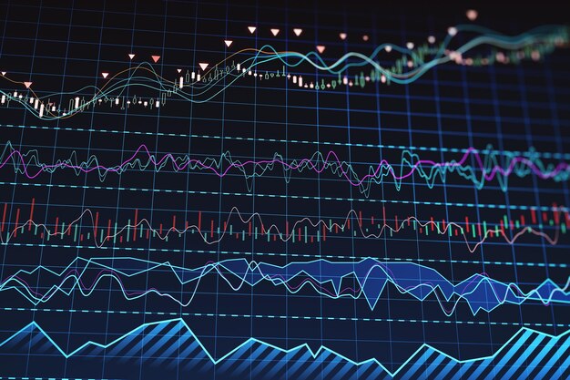 Photo candle stick grid graph chart of stock market investment trading bullish point bearish point and financial growth concept blurry night city background double exposure