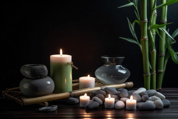 A candle and stones on a table with a green candle on it