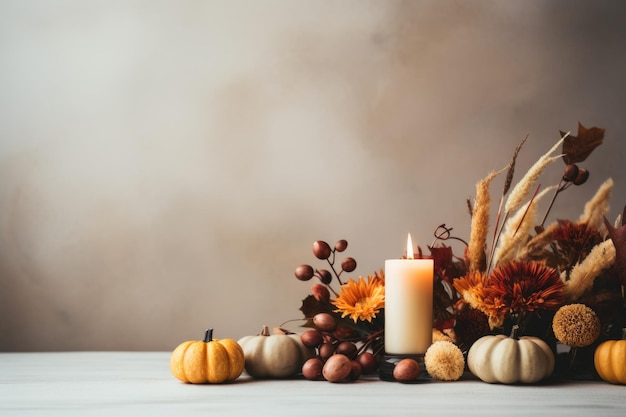 Photo a candle surrounded by fall flowers and pumpkins autumn thanksgiving decor copyspace place for text