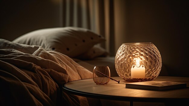 A candle on a table in a bedroom with a glass candle holder on it.