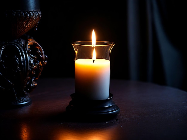 A candle on a table in a dark