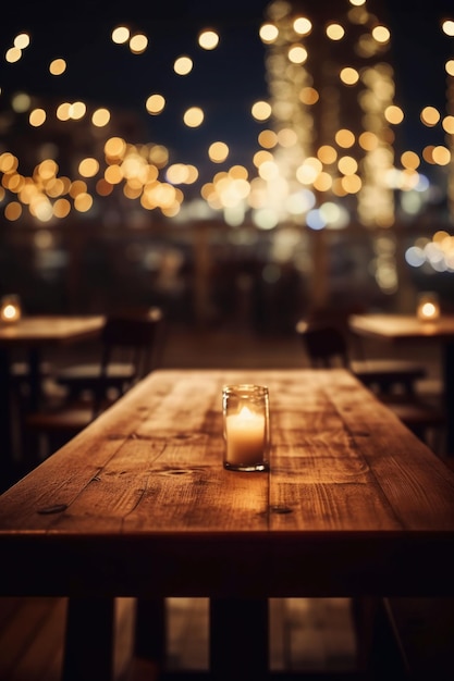 A candle on a table in front of a bokeh of lights