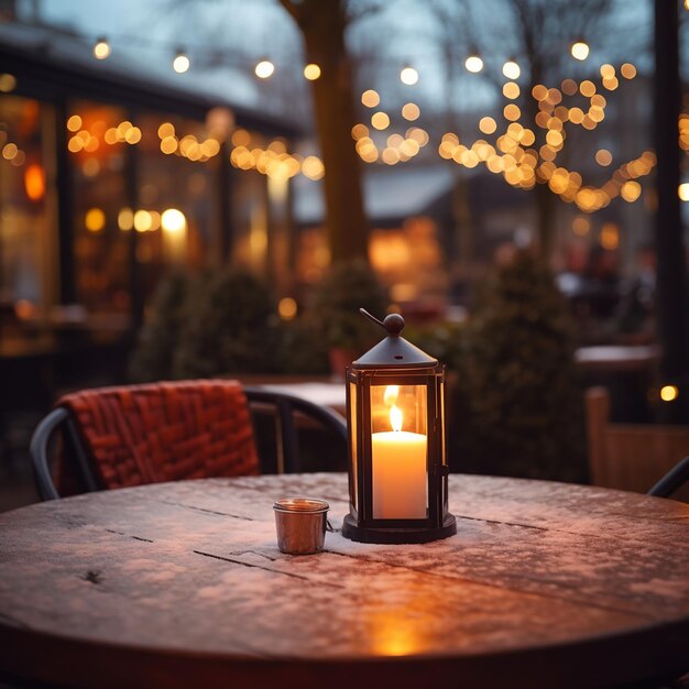 Candle on table of outdoor restaurant