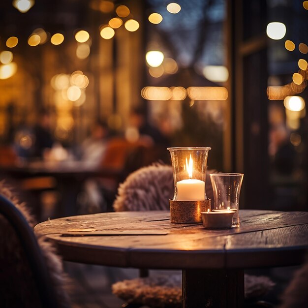 Candle on table of outdoor restaurant