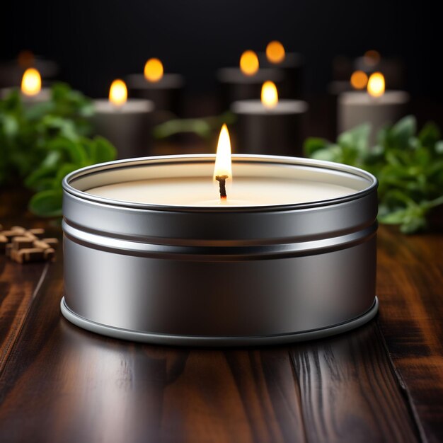 a candle on a table with candles in the background