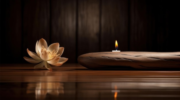 A candle on a table with a lotus flower on it