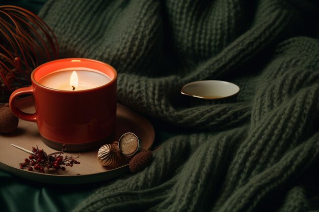 a candle tea and hot cocoa sitting across a knitted blanket in the style of dark green and light