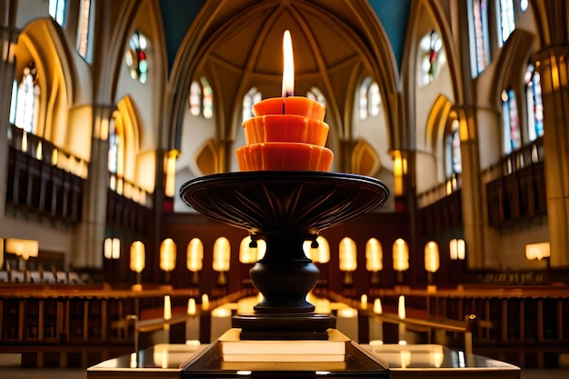 Photo a candle that is lit on a black stone stand.