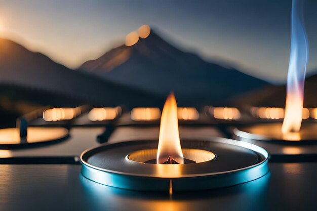 A candle that is lit in front of a mountain