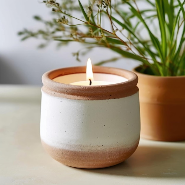 a candle that is lit in a pot with a plant in it.