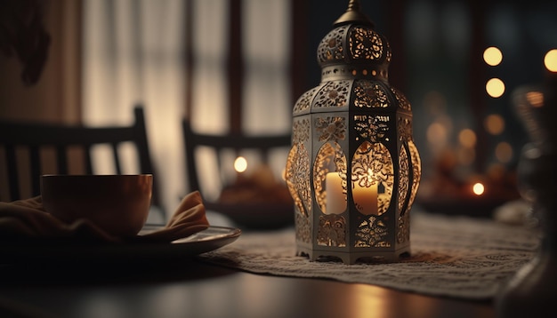 A candle that is lit on a table