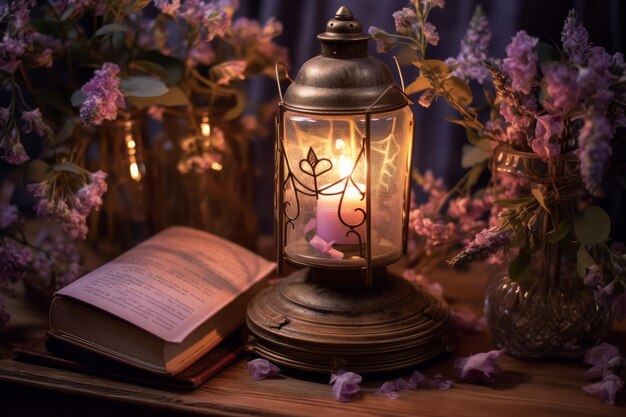 A candle that is lit up with a book on a table