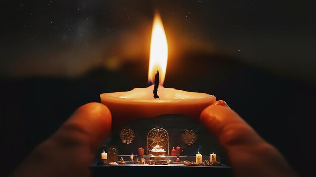 Foto una candela che è accesa con una persona che la tiene