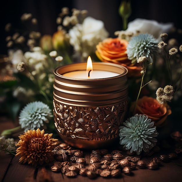 a candle that is lit with flowers and a candle in the background.