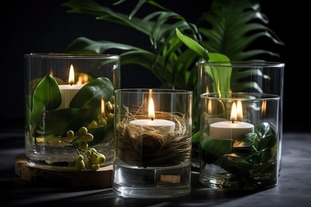 A candle that is lit with a green plant in the background