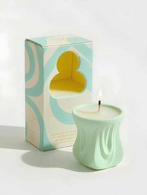 A candle that is sitting in a box next to a candle holder with a candle inside of it and a box