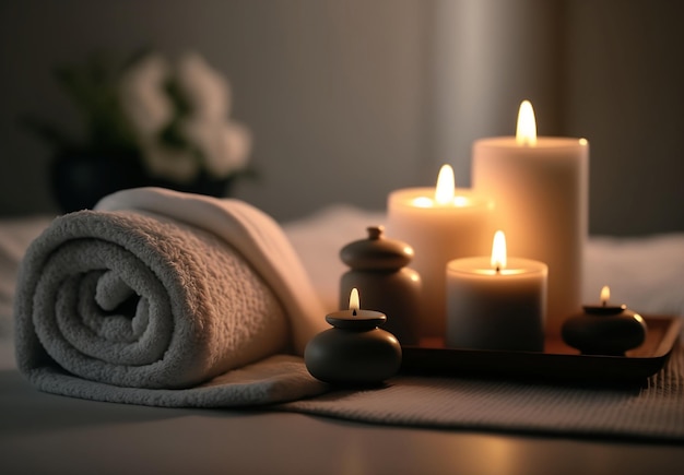 A candle and a towel are on a table with candles and candles.