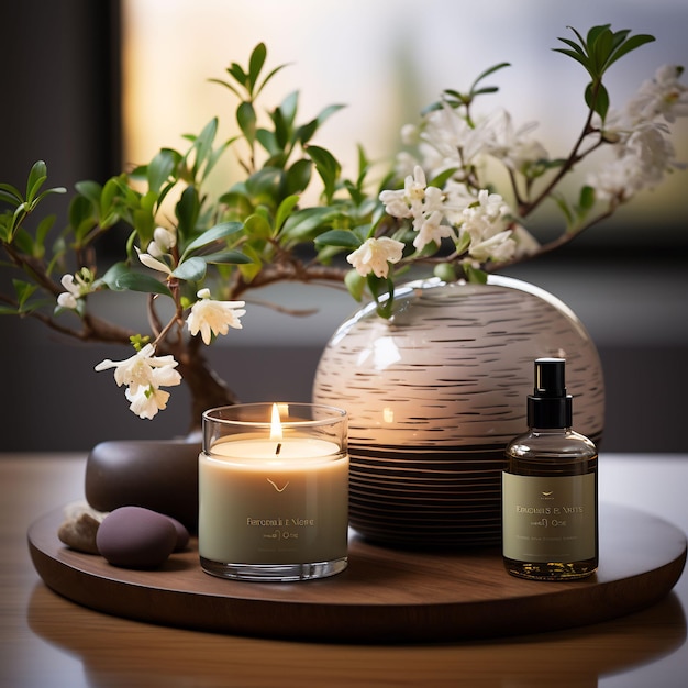 a candle on a tray with a candle and flowers in the background