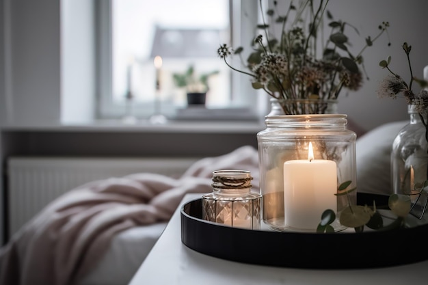 A candle on a tray with a plant in the background