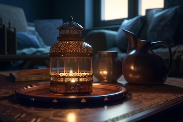 A candle on a tray with a teapot on the table