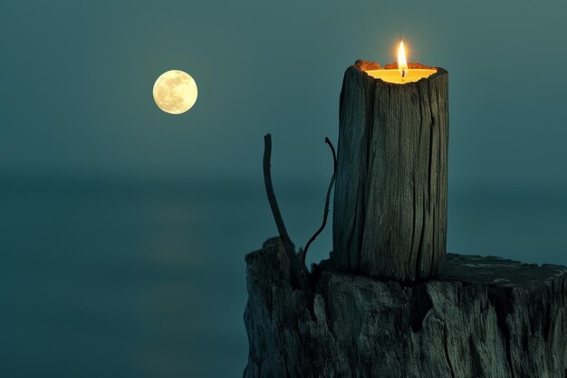 Candle on a Tree Stump with Full Moon in Background at Night