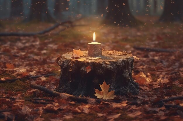 A candle on a tree stump in the woods