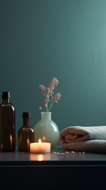 A candle and a vase with flowers on a table next to a candle.