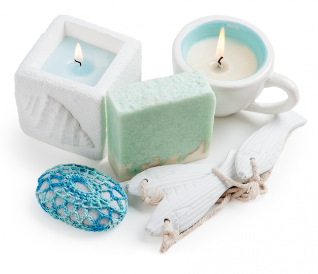 Candle, white and turquoise handmade soap 