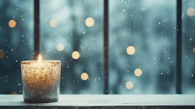 Candle in Windowsill Amidst a Snowy Forest Scene