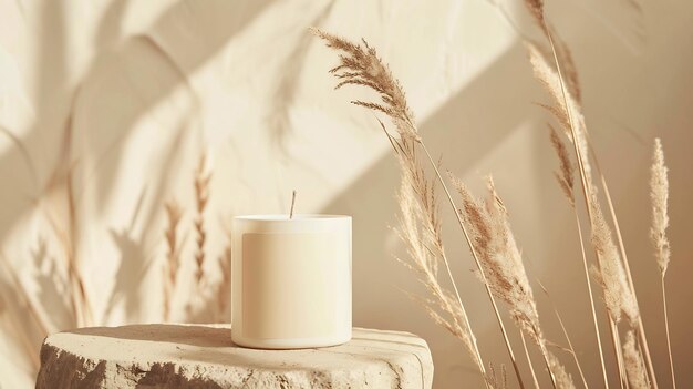 Candle with blank paper label on beige stone near dried pampas grass Close up copy s Generative AI