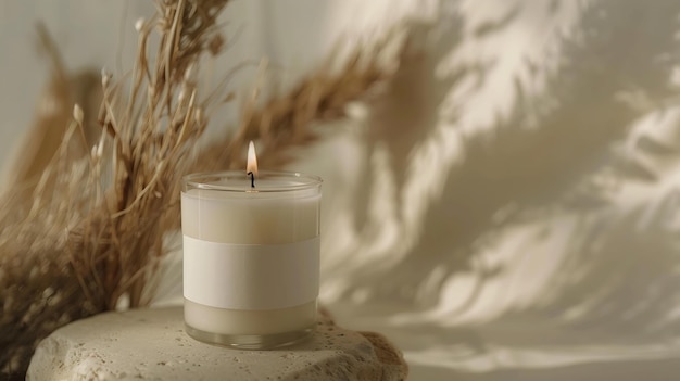 Candle with blank paper label on beige stone near dried pampas grass Close up copy s Generative AI