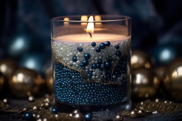 A candle with blue beads and a white candle in it