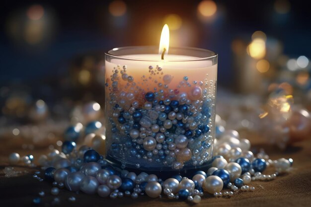 A candle with blue and white beads on it