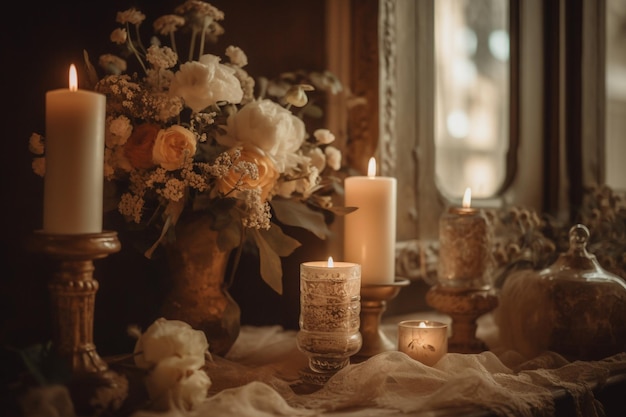 A candle with a candle in front of a window