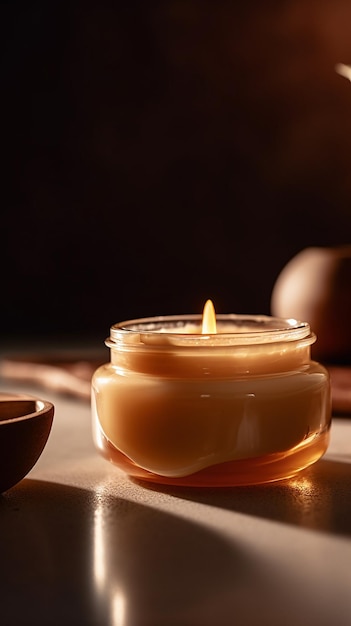 A candle with a cup of tea on the table