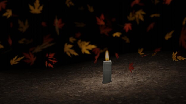 Photo a candle with falling maple leaf in a forest night 3d rendering