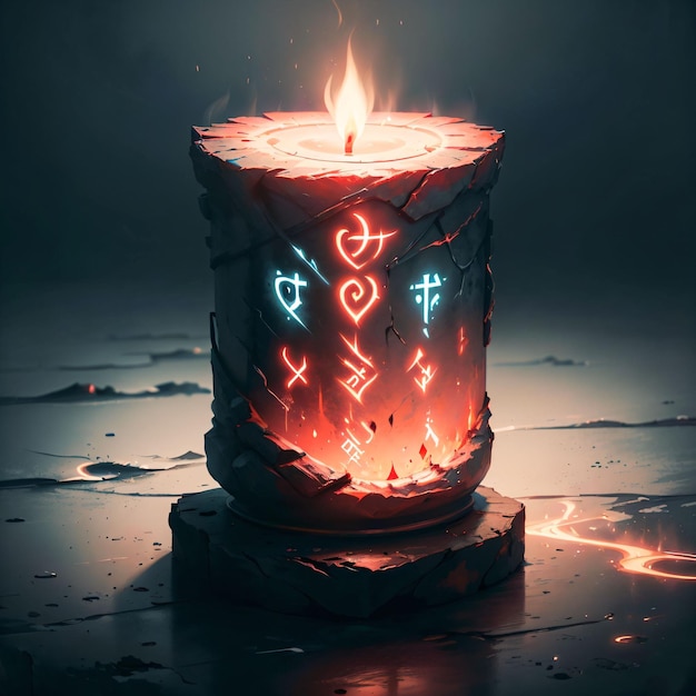 Photo a candle with glowing runes