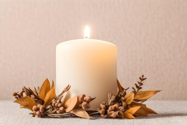 A candle with a leaves