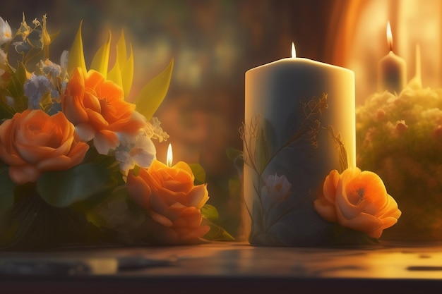 A candle with orange flowers and a candle lit up in the dark