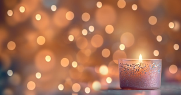Candle with pastel colored lights soft bright bokeh background copy space festivebirthdaychristmasha