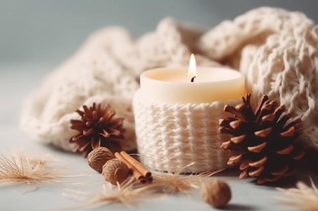 A candle with pine cones and a sweater