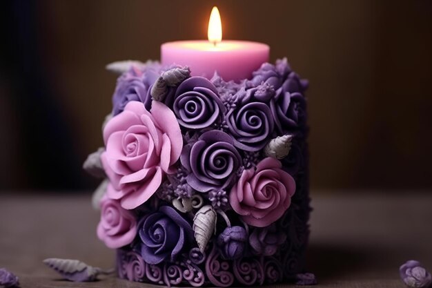 A candle with purple flowers and a candle