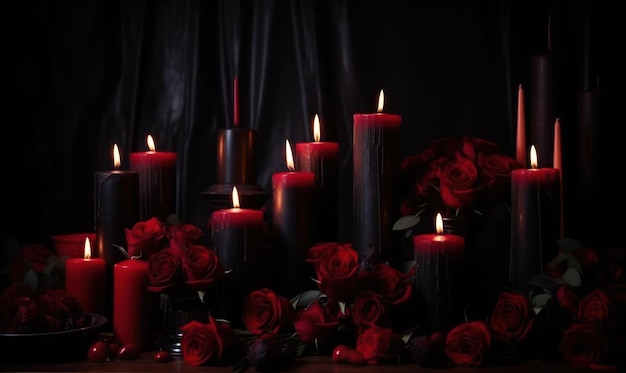 A candle with red roses on it